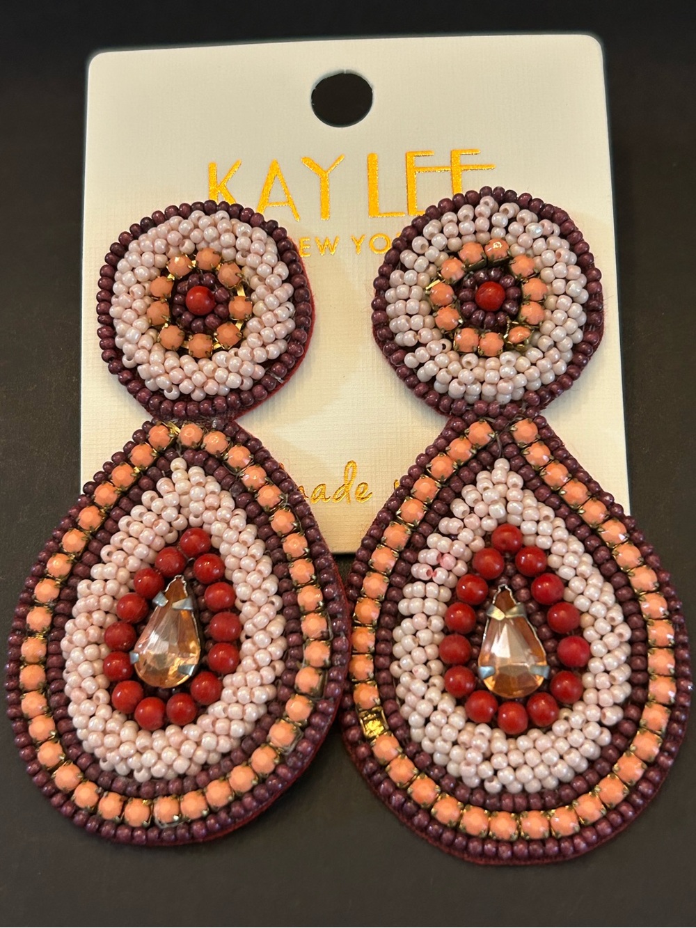 Kay Lee Hand Beaded Boho Design Teardrop Earrings in Red/Peach/Brown